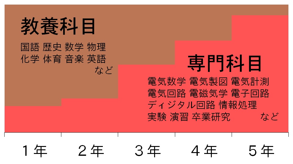 科目構成 「楔型教育」が特徴であることが、一般科目と専門科目の割合を学年ごとに示す図から分かります。